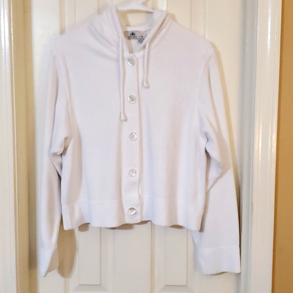 White Terry Cloth Button Up Jacket with‎ Hood